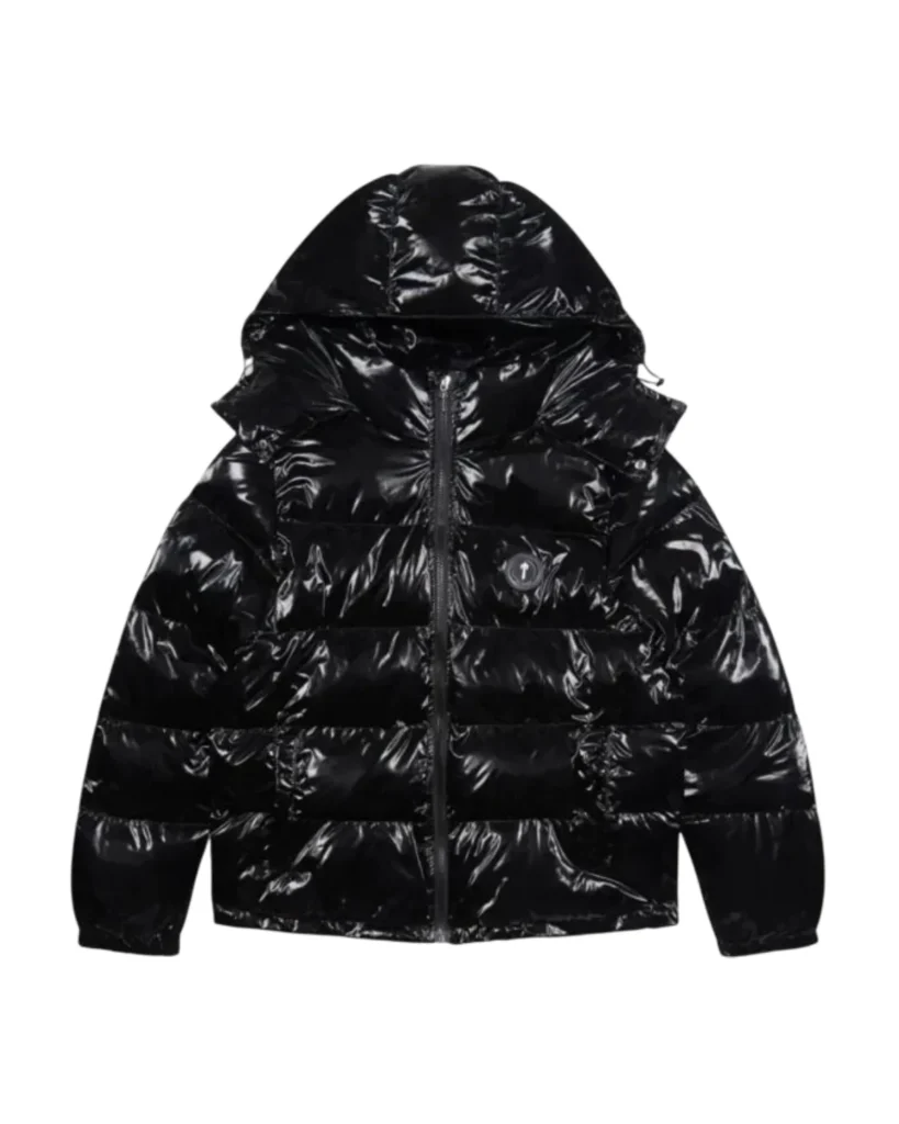 Błyszcząca Czarna Kurtka Irongate Trapstar z Odpinanym Kapturem